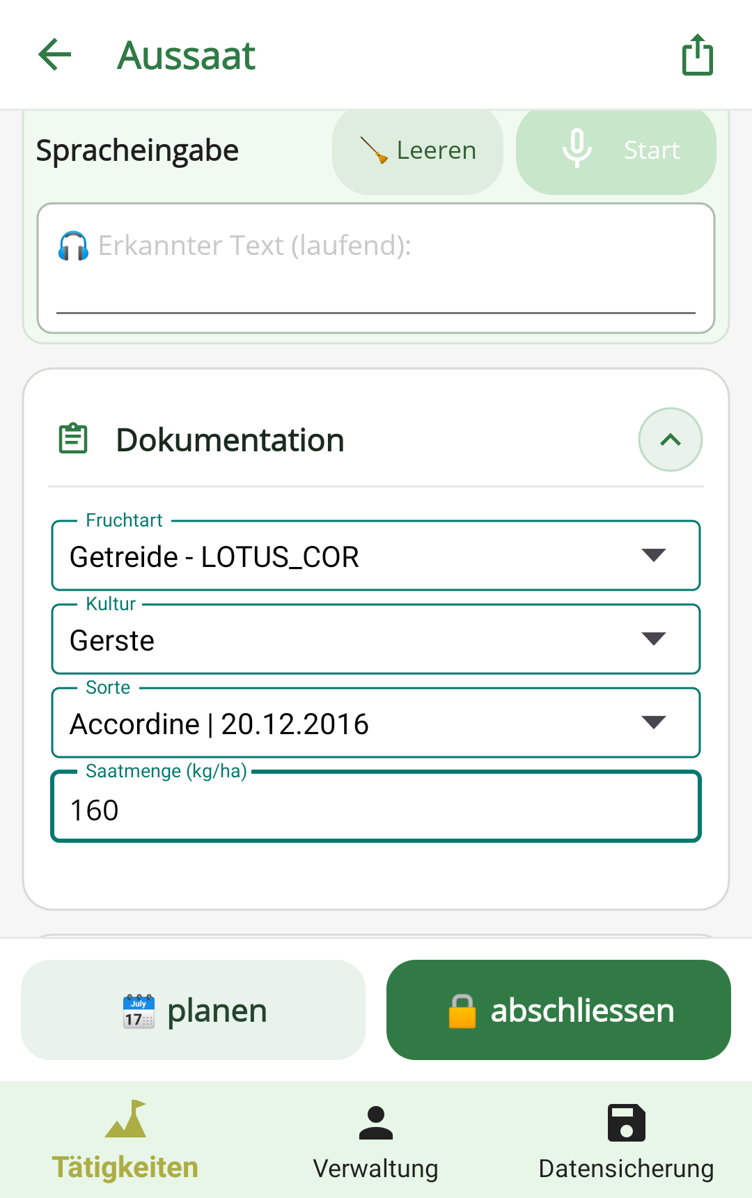 Fruchtart, Kultur, Sorte mit Zulassungsdatum und Saatmenge – jedes Feld aus der hinterlegten Liste.