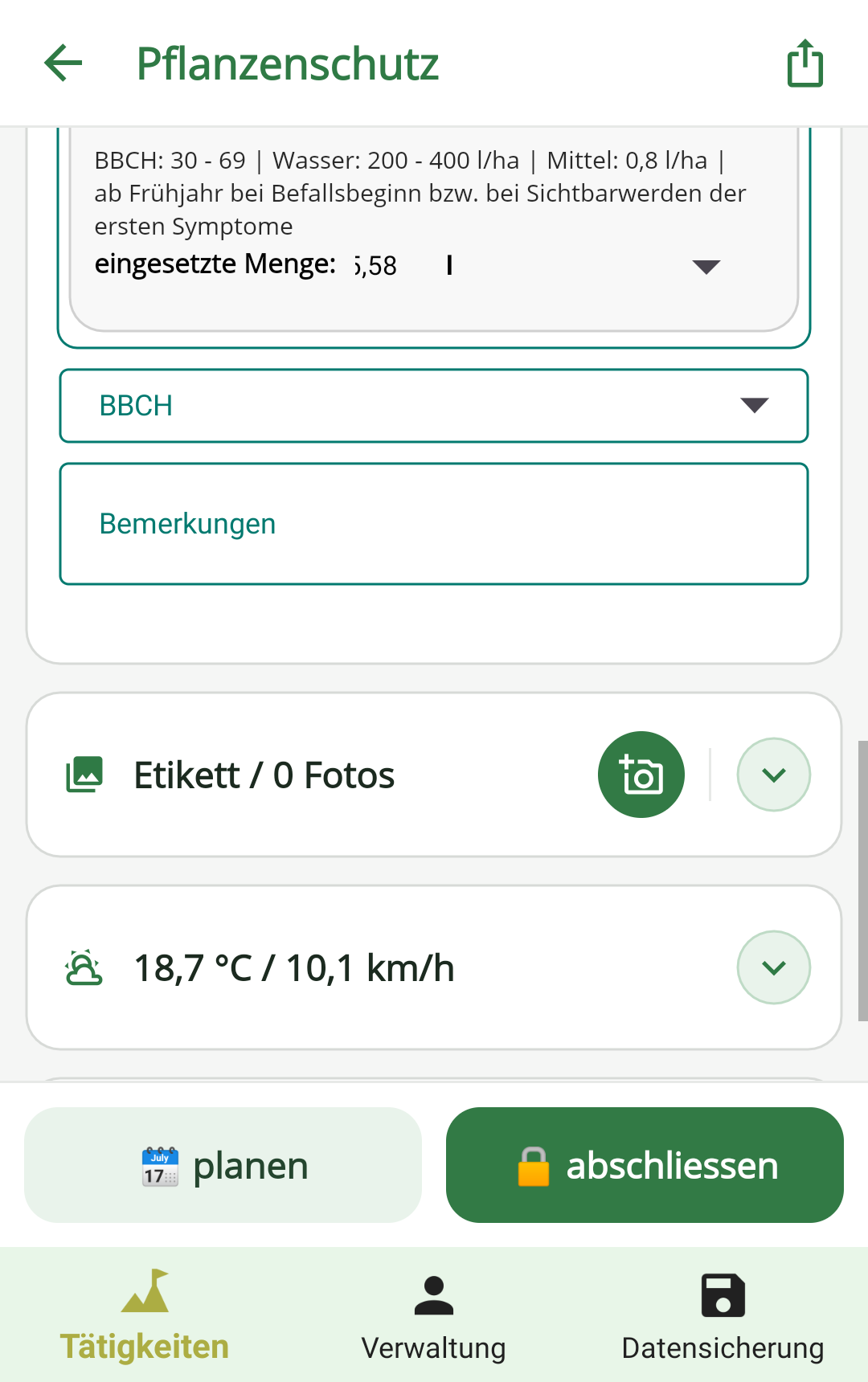 BBCH und Bemerkung zur Ausbringung, dazu Fotos vom Etikett und das Wetter zum Zeitpunkt der Arbeit.